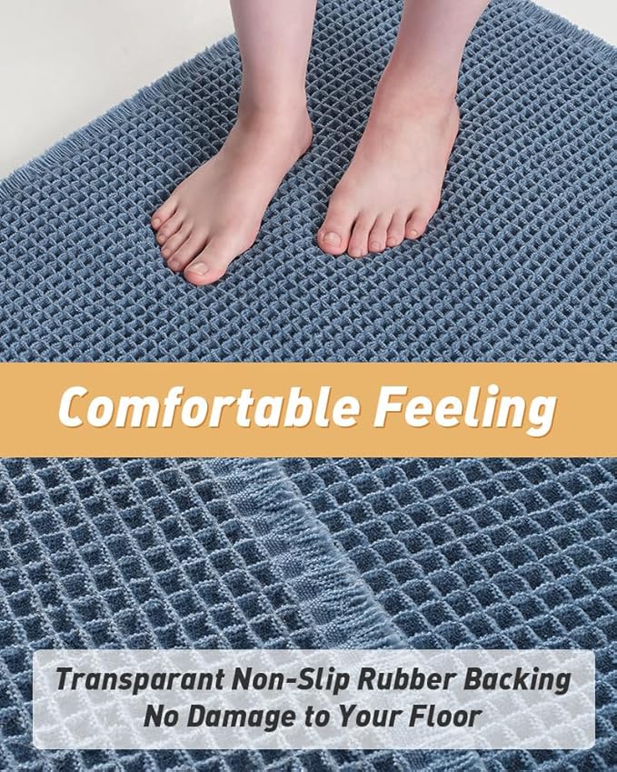 AMOAMI Upgraded Waffle Bath Mat, Super Absorbent Non Slip Bath Mats for Bathroom Floor, Machine Washable Bathroom Rugs with Tassels, Rubber Backed Bathroom Mats, Ultra Soft, 20" x 32", Blue