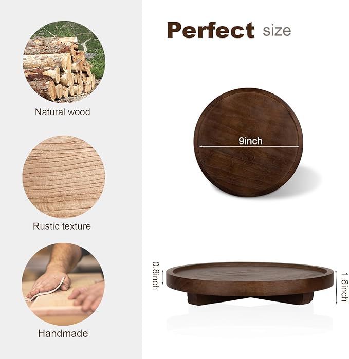 Round Decorative Tray Wood Bathroom Counter Organizer Farmhouse Kitchen Decor Wooden Riser for Soap Dish, Perfume, Candle, Sponge, 9" - Walnut