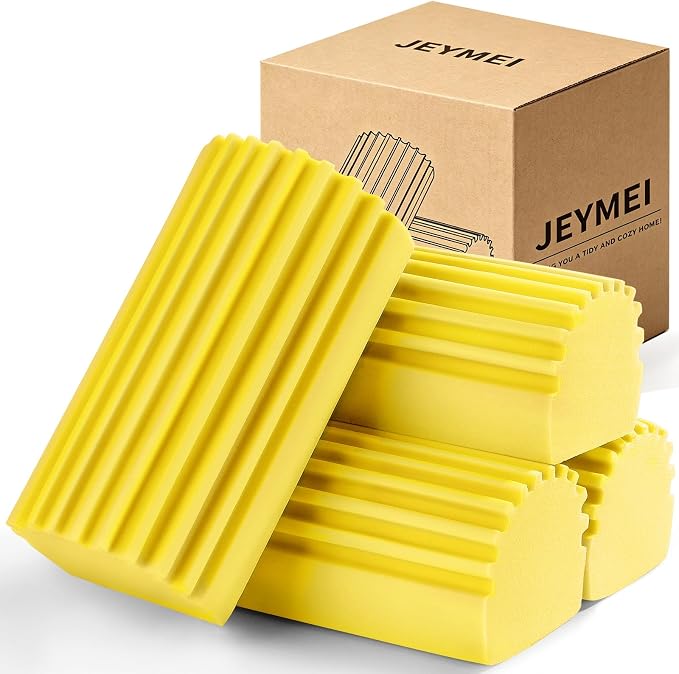 Jeymei 4-Pack Damp Clean Duster Sponge Brush for Cleaning Blinds, Glass, Baseboards, Vents, Railings, Mirrors, Window Track Grooves and Faucets (Yellow)