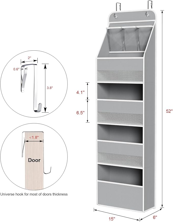 Univivi 5-Shelf Space Saving Door Storage Over Door Hanging Organizer with 4 Large Capacity Roomy Pockets Closet Cabinet Wall Mount Hanging Easy Install Storage Organizers for Baby Nursery (Grey)