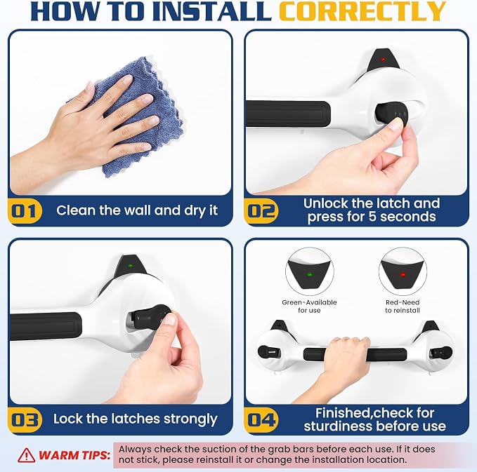 KVANT Shower Grab Bars for Seniors, 16.5 Inch Shower Handle (Black White) | Safety Signal Indicators, Strong Suction Cup, Easy Installation, No Drill, Removable, Anti-Slip, Waterproof