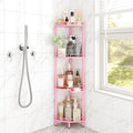 ELYKEN Corner Shower Caddy Standing, 4 Tier Rustproof Metal Shower Organizer with Soap Holder, Floor Shower Corner Shelf Rack Storage Stands with Adjustable Feet & 2 Hooks for Bathroom, Pink