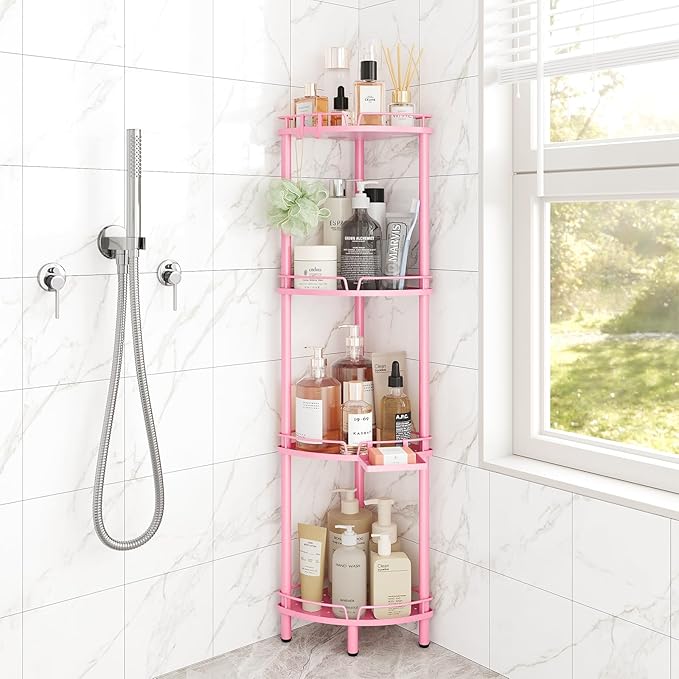 ELYKEN Corner Shower Caddy Standing, 4 Tier Rustproof Metal Shower Organizer with Soap Holder, Floor Shower Corner Shelf Rack Storage Stands with Adjustable Feet & 2 Hooks for Bathroom, Pink