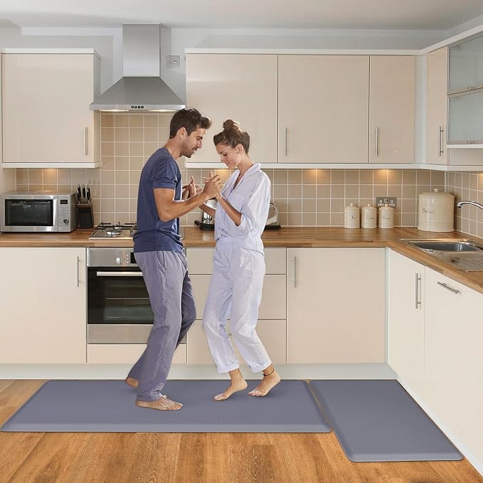 HappyTrends 2 PCS Kitchen Mat Cushioned Anti-Fatigue Floor Mat, Heavy Duty Ergonomic Comfort Foam Standing Mat, Waterproof Non-Slip Kitchen Rugs for Home, Office(17.3"x28"+17.3"x47",Grey)
