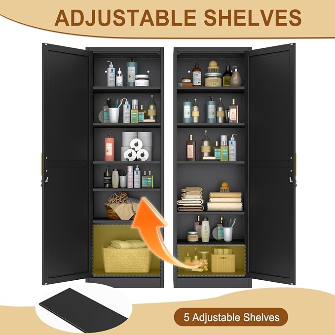 Tall Metal Narrow Bathroom Storage Locker Cabinet 67" H, Tall Black Pantry Cabinets with 5 Adjustable Shelves and Lockable Doors for Kitchen, Home Office, Living Room, Dining Room