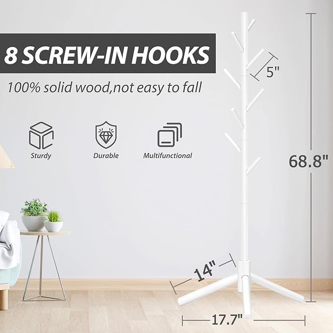 Unisakey Durable Wooden Coat Rack, Freestanding Coat Rack with Stable Triangular Base, 8 Hooks & 3 Adjustable Heights, Simple Assembly for Bedroom, Hallway, Office(New White)