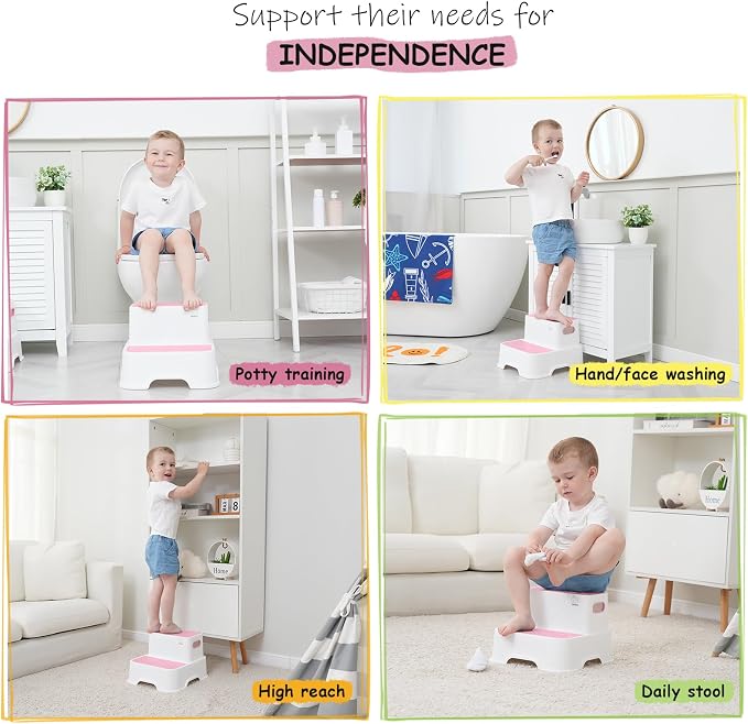 Harwaya Pink Toddler Step Stool for Bathroom Sink 2 Pack, Kids Step Stools for Girls Toilet Potty Training, Plastic Stepping Stool for Toddlers Child Kid Kitchen Bedroom (Included Two Faucet Extender)