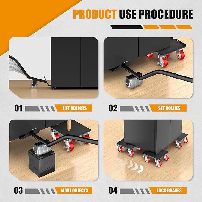 LOYAL TIGER 2000LBS Heavy Duty Furniture Dolly & Mover - 6.4" Carbon Steel Panel with 5X 360° Wheels, Non-Slip Sliders & Lifter for Sofa, Piano, Appliances (Red)