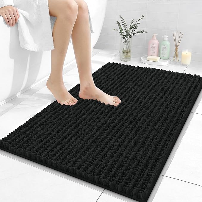 OLANLY Bathroom Rug Mat 36x24, Thick Soft and Absorbent Chenille Bath Mat, Non-Slip Rubber Backing, Machine Washable Quick Dry Bath Rugs for Tub Shower Floor, Home Decor Accessories, Black