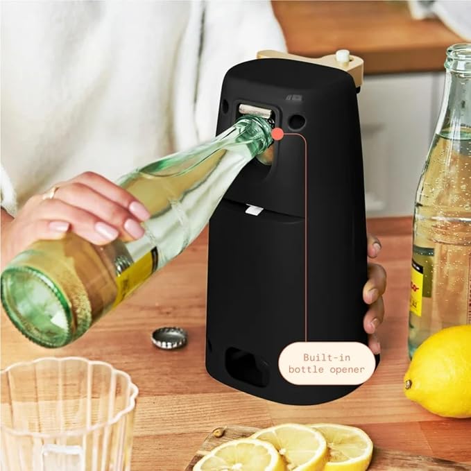 Bayfalcon LLC Electric Can Opener with One-Touch Operation, Smooth Rotation, Built-In Lid Magnet, Compact Countertop Design, Easy-Prep Kitchen Tool in White and Gold Finish (Black Sesame)