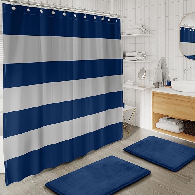 Clara Clark Bathroom Set - Navy Bathroom Accessories Set, 20PC Bathroom Accessory Set, Shower Curtain Set with Liner, Toothbrush Holder, Soap Dispenser, Soap Dish, Toilet Brush Holder, and Trash Can