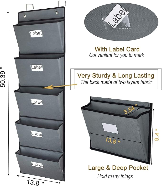 Over the Door Hanging File Organizer 5 Extra Large Pockets Wall Hanging File Folders Organizer Holders,Home Office Supplies Storage Pocket Chart for Paper Mails Planners Notebooks,Gray