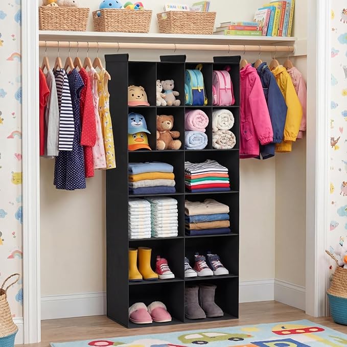 Ofiray-home 6 Tier Hanging Closet Organizer, 16 Compartments Sweater Organizer for Closet with 3 Sturdy Hooks, Closet Organizers and Storage, Wardrobe, Rv, Garment Rack, Black