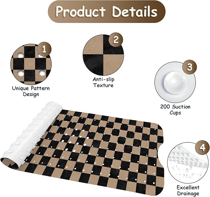 Bathtub Mat Non Slip, Checkered Extra Long Bath tub Mat Shower Floor Mat with Suction Cups and Drain Holes for Adults Kids Elderly 40 X 16 Inch