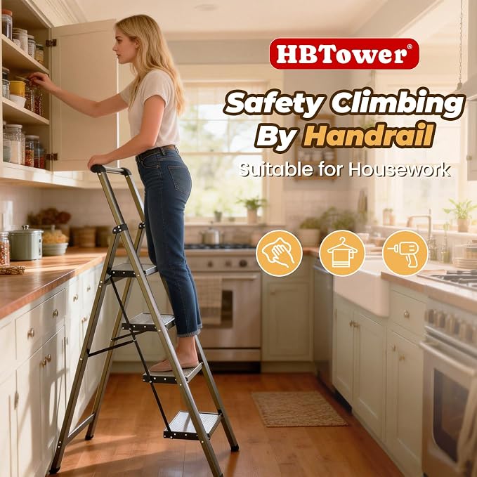 HBTower 4 Step Ladder with Handrail, Aluminum Folding Step Stool,330lbs Capacity Portable Step Ladder，Non-Slip Safety Ladder for Household,Kitchen,Office - Gold