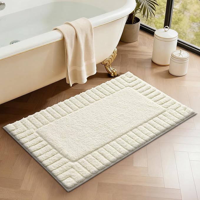 LUMI Bathroom Rugs Non Slip with Rubber Backing, Extra Soft Plush Microfiber Bath Rug Absorbent, Machine Washable Bath Mat Quick Dry for Tub, Shower, Ivory White, 16"x24"