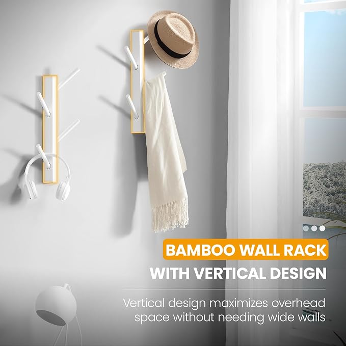 TIOPGHAD 2 Pack Small Vertical Coat Rack Wall Mount, Bamboo Coats Hooks Clothes Holder Hanger for Wall Coat Hat Jacket Clothing Bathroom Robes Entryway(White)