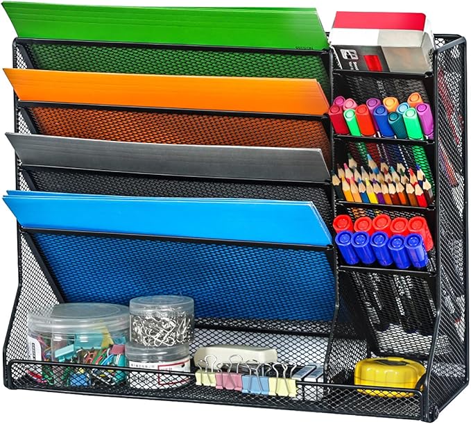 Jakyitvi File Organizer Wall Mounted, 4 Tiers Durable Adjustable Metal Desk Organizer, Desktop Hanging File Holder with 4 Pen Slots Stable, 4 Pull-Out Divider for File, Mail, Black, Patent Pending
