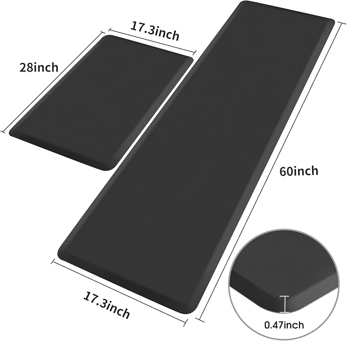 HappyTrends Kitchen Mat,17.3"x28"+17.3"x60" Black, Cushioned Comfort Anti-Fatigue Waterproof Floor Mat Kitchen Rugs, Thick Perfect Ergonomic Foam Standing mat for Kitchen, Home, Office, Laundry