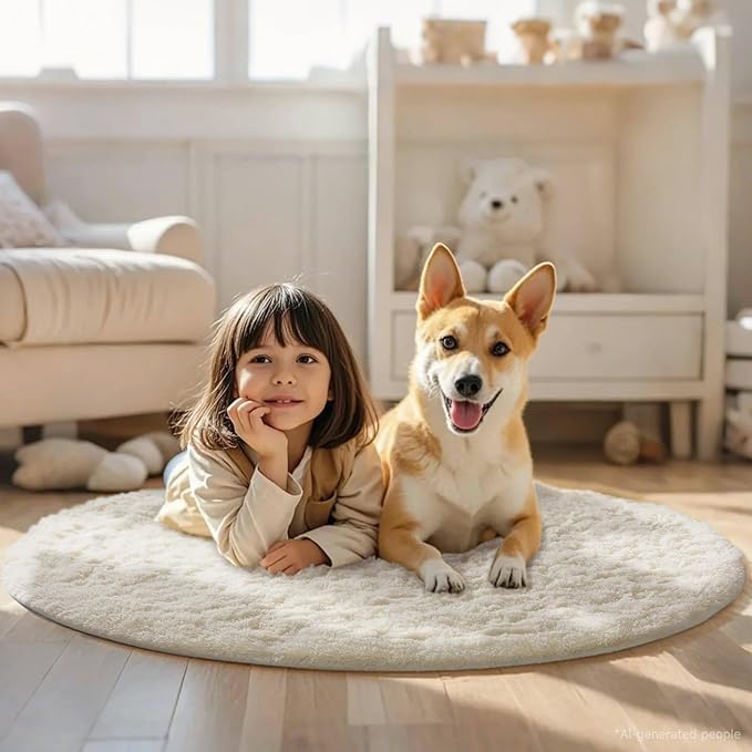 Ophanie Round Rug 4Ft Ivory Circle Area Rugs, Fluffy Fuzzy Small Bedroom Carpet 4 foot, Plush Shag Floor Cream Living Room Christmas Circular Aesthetic Decor for Kids Teen Boys Baby, Nursery,Classroom