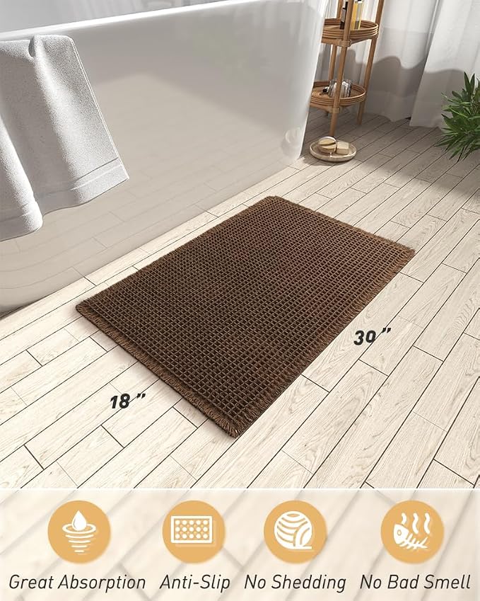 AMOAMI Upgraded Waffle Bath Mat, Super Absorbent Non Slip Bath Mats for Bathroom Floor, Machine Washable Bathroom Rugs with Tassels, Rubber Backed Bathroom Mats, Ultra Soft, 18" x 30",Terracotta