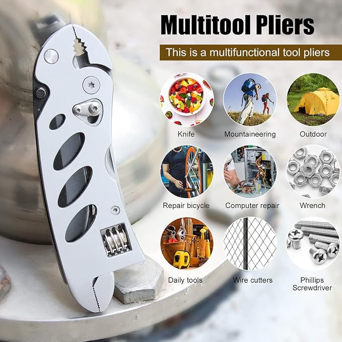 Multitool Wrench With 7 Tools/Pliers/Wire Cutter/Flat Screwdriver/Phillips Screwdriver/Portable Folding Multifunctional Adjustable Multi Purpose Stainless Steel Tool