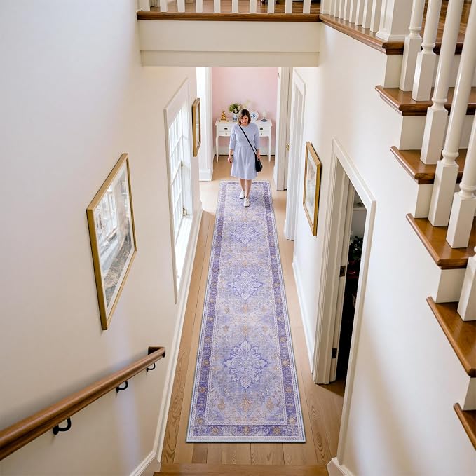 RELEANY Area Rugs Runner 2'x10' Washable Non-Slip, Floral Vintage Distress Medallion Carpet for Kitchen Hallway Bedroom Beside Laundry Room Bathroom, Light Purple Brown