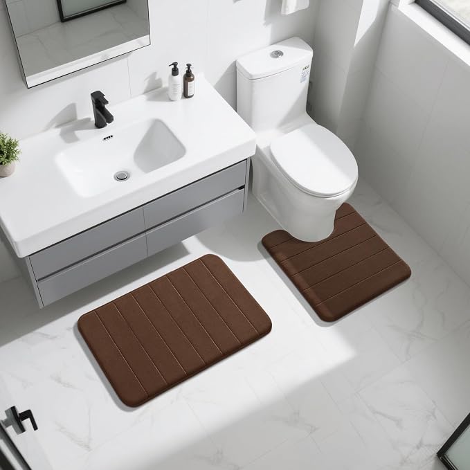 Yimobra Memory Foam Bath Mat Set 2 Piece - Super Soft Absorbent Quick Dry Bathroom Toilet Rugs, Machine Washable Non Slip Floor Carpet for Tub Shower & Single Sink (31.5x20 & 24x20, Brown)