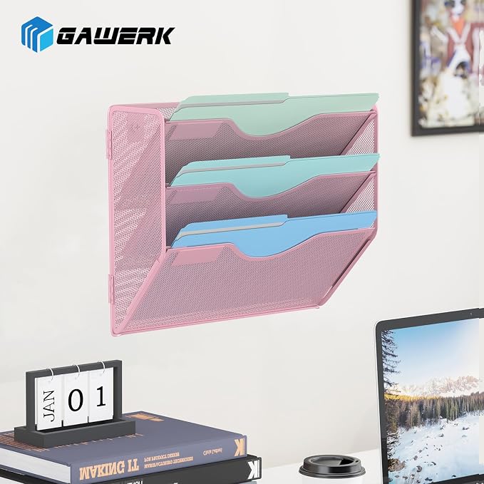Gawerk 3 Tier Hanging Wall File Organizer, Mesh Mail Paper Orgnization Hanging File Folder Holder for Home Office, Pink