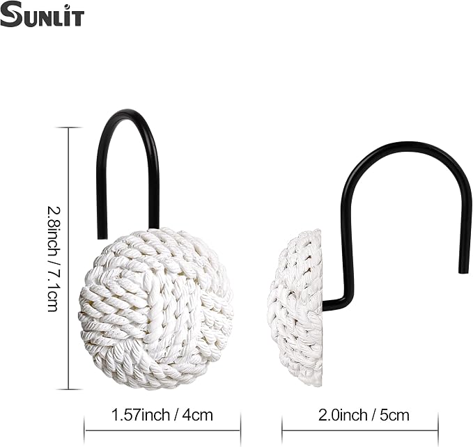 Sunlit Boho Knots Shower Curtain Hooks, Home Decorative White Shower Curtain Rings with Black Hooks for Bathroom, Seaside Nautical Shower Curtain Hangers Bathroom Accessories, Set of 12