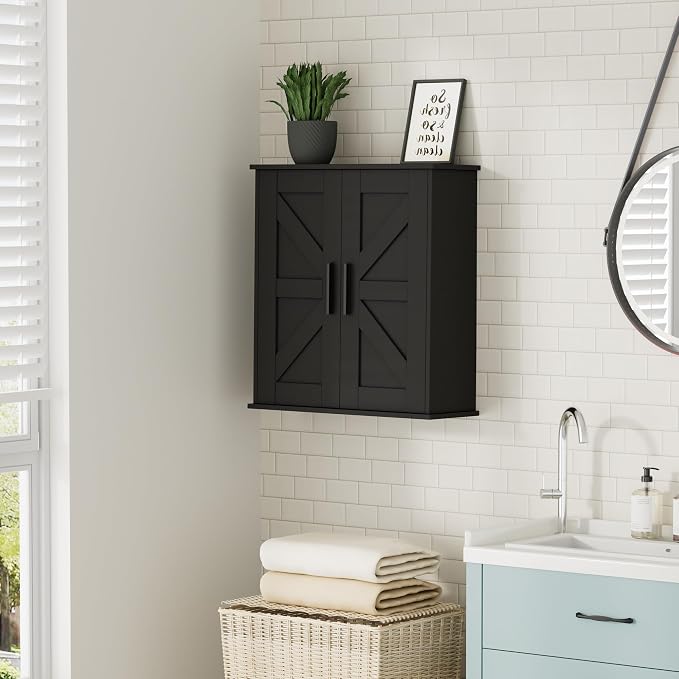 Homleke Bathroom Wall Cabinet, Over Toilet Storage Cabinet with Barn Doors and Adjustable Shelves, 3-Tier Medicine Cabinet Wall Mounted, for Bathroom, Kitchen, Entryway, Laundry Room, Black, (7.9" D)