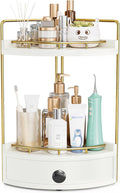 2-Tier Corner Bathroom Counter Organizer with Drawer & Embedded Screw Holes - Wooden Countertop Organizers for Skincare, Makeup Storage, Bathroom Sink Counter Shelf for Vanity, Kitchen, White Gold