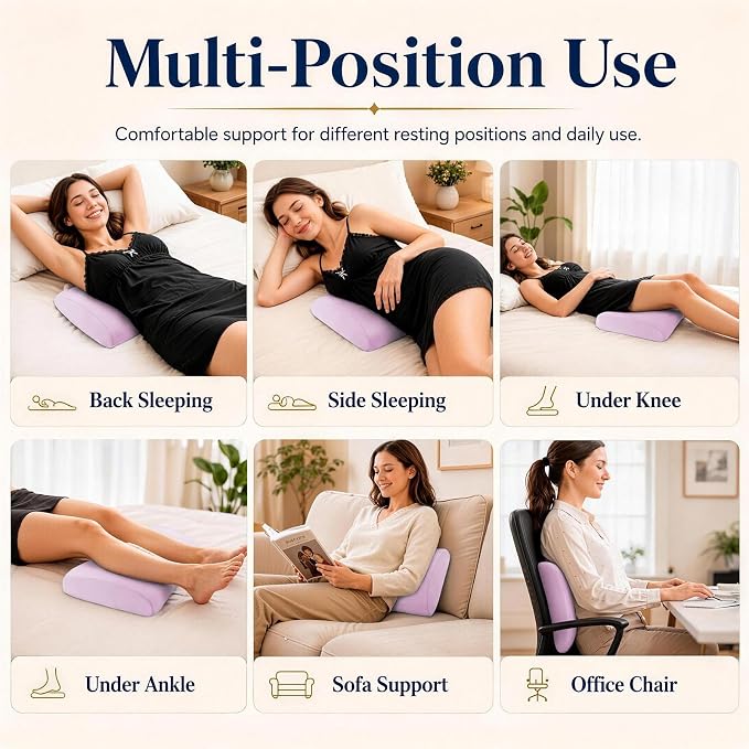 vamorry Throw Pillows Lumbar Support Pillow for Bed – Memory Foam Waist Pillow with Cooling Cover for Comfortable Back Support – Bolster Pillow for Side, Back & Stomach Sleepers – for Bed, Sofa, Car