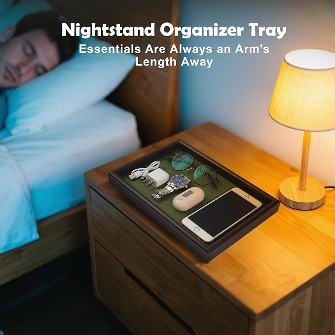 Wooden Valet Tray with Leather Base - Nightstand Catchall Organizer for Cologne, Perfume, Keys, Wallet, Phone, Watch, Jewelry & Sunglasses (2Pcs Green)