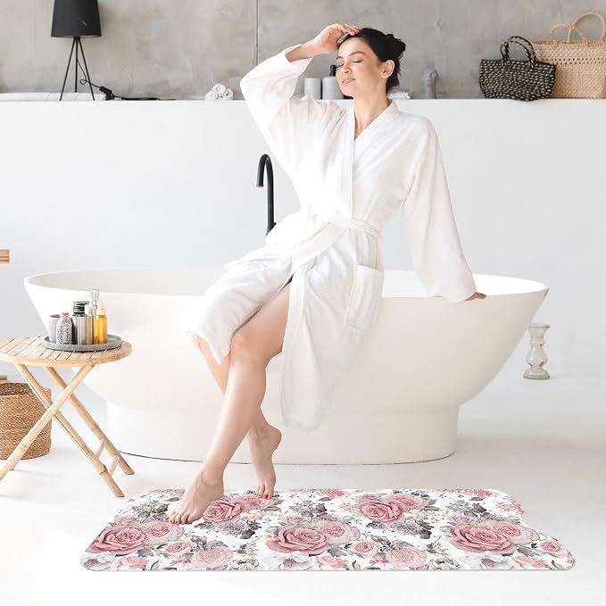 Pink Flower Leaves Bath Mat Non Slip, Floral Rose Spring 40 X 16 Inch Extra Long Bathtub Shower Mat for Tub Anti Slip with Suction Cups and Drain Holes for Kids Adults Elderly