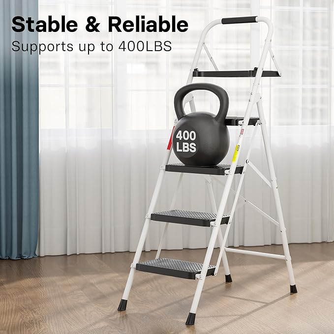BONTEC 4-Step Ladder, 400lbs Max Load, Folding Step Stool with Tool Tray, Anti-Slip Pedals, Sturdy Steel, Lightweight Portable Ladder with Handrail for Home & Work Use, White