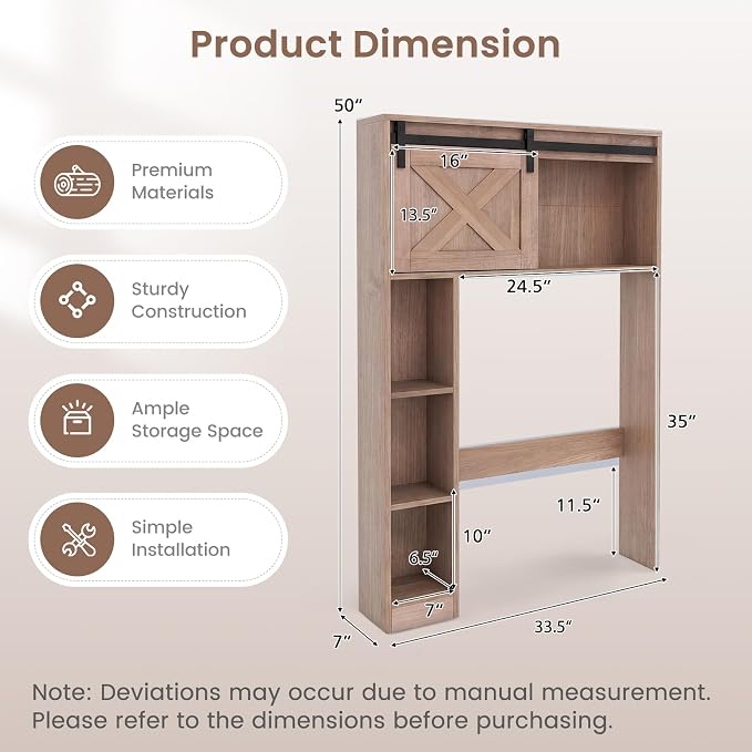 Giantex Over The Toilet Storage Cabinet - Freestanding Bathroom Organizer with Sliding Barn Door & Storage Shelves, Multifunctional Bathroom Toilet Rack for Bathroom, Restroom, Laundry (Rustic Brown)