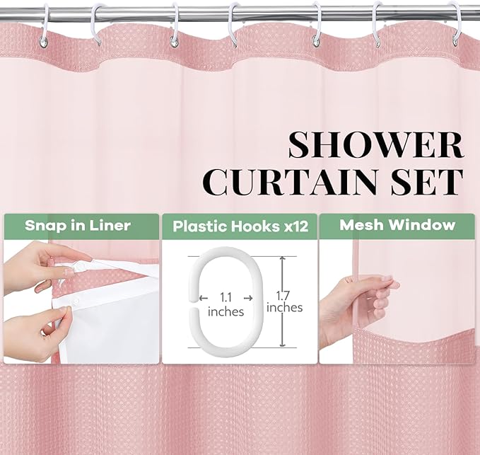 Dynamene Extra Long Shower Curtain, 84 Inch Long Waffle Fabric Shower Curtain for Bathroom, Tall Waterproof Cloth Shower Curtain Liner Set with Hook, Snap in Liner, Mesh Top Window, Pink, 72x84