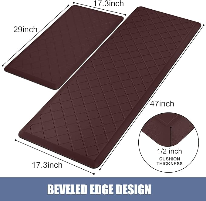 Cushioned Kitchen Mat 2 PCS, Anti Fatigue Kitchen Rugs, Heavy Duty Kitchen Rugs and Mats Non-Skid, Ergonomic Comfort Foam Kitchen Floor Mat for Home, Office, Sink, Laundry - Brown