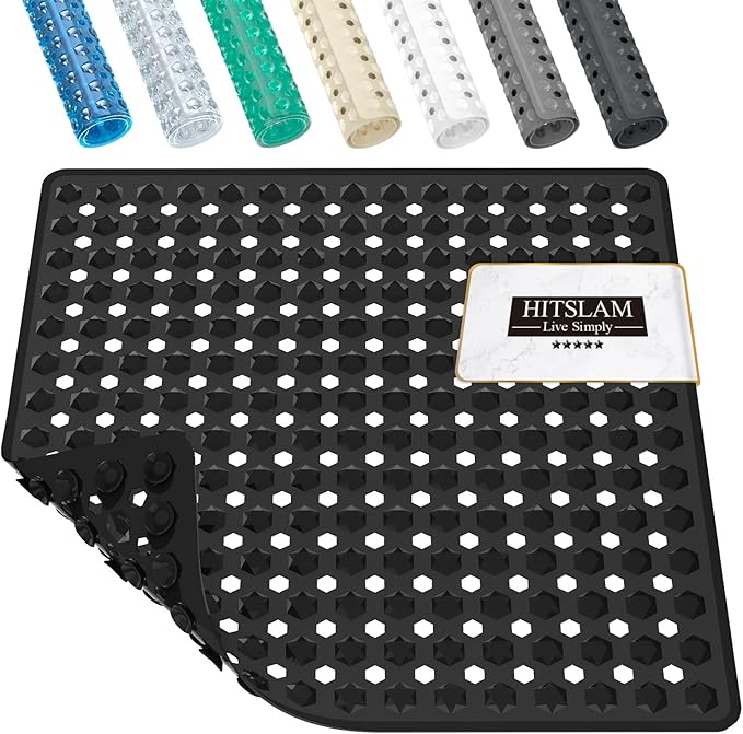 HITSLAM Shower Mat Anti Slip, Square Bath Mat for Tub Non Slip with Suction Cups and Drain Holes, 21x21 Inch Bathroom Shower Stall Floor Mat, Machine Washable, Soft on Feet, Black
