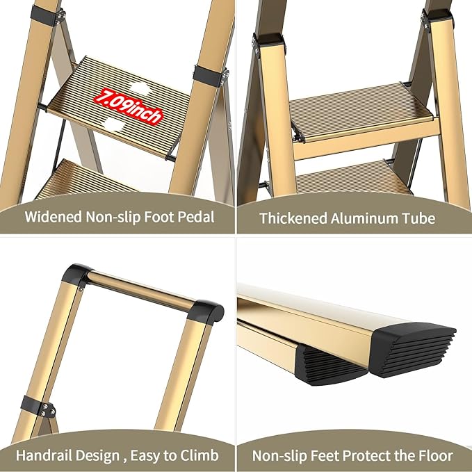 SOLADDER 4 Step Ladder, Folding Step Stool with Anti-Slip Wide Sturdy Pedal and Handgrip, Portable Lightweight Aluminum Stepladder, 300 lbs Capacity, Multi-Use for Home, Library - Brown Gold