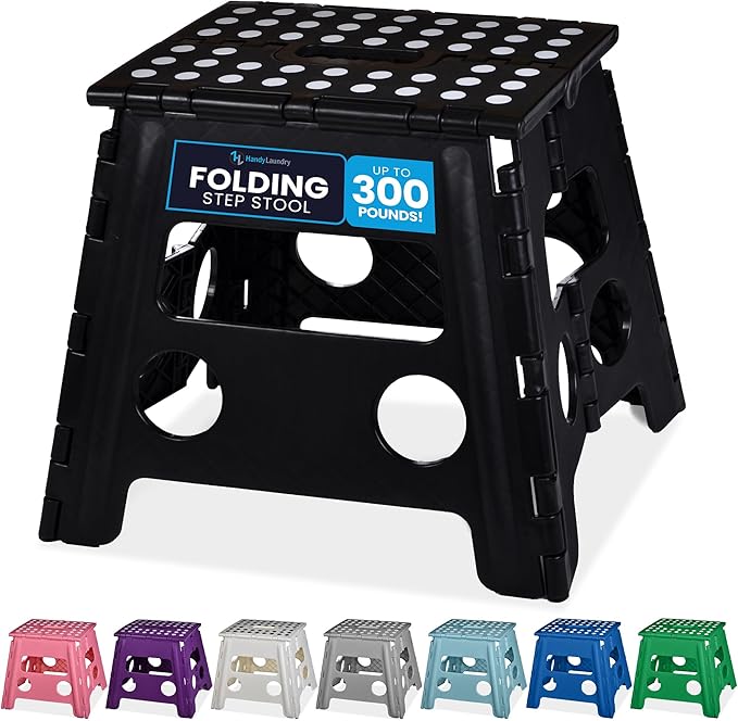 Handy Laundry Folding Lightweight Step Stool - Sturdy Enough to Support Adults - Opens Easy with One Flip - Great for Kitchen, Bathroom or Bedroom (Black- 13 inch)