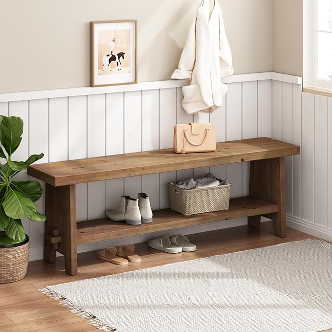 HOKYHOKY Solid Wood Entryway Bench - 54.3" Farmhouse Long Storage Bench, Rustic Narrow Bench Seat for Indoor, Entryway, Dining Room, Living Room and Hallway, Brown