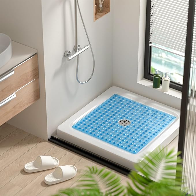 HITSLAM Non Slip Shower Stall Mat with Center Drain Hole, Diamond Textured PVC Bath Mat for Inside Shower, Machine Washable, Strong Suction Cups for Bathroom Bathtub Mat, 24x24 Inch, Blue