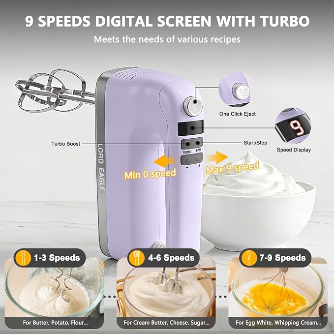 Lord Eagle 9-Speed Digital Hand Mixer Electric Handheld, 500W DC Motor Kitchen Mixer for Cake Baking, Lightweight Egg Beaters with Stain-resistant & Waterproof Storage Bag & 6 Accessories, Purple
