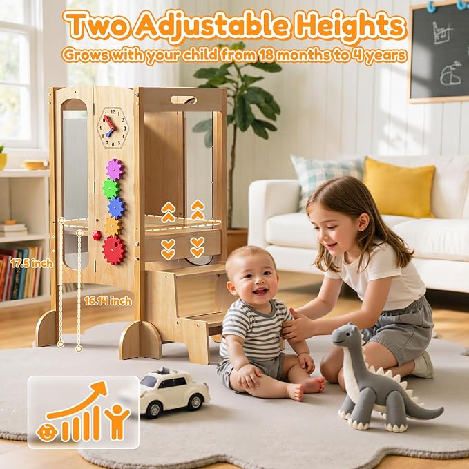 Foldable Toddler Tower, Kitchen Stool Helper with 2 Step Stool, Toddler Standing Tower for Kids with Safety Net, Adjustable Height, Chalk-Whiteboard &Montessori Activity Games