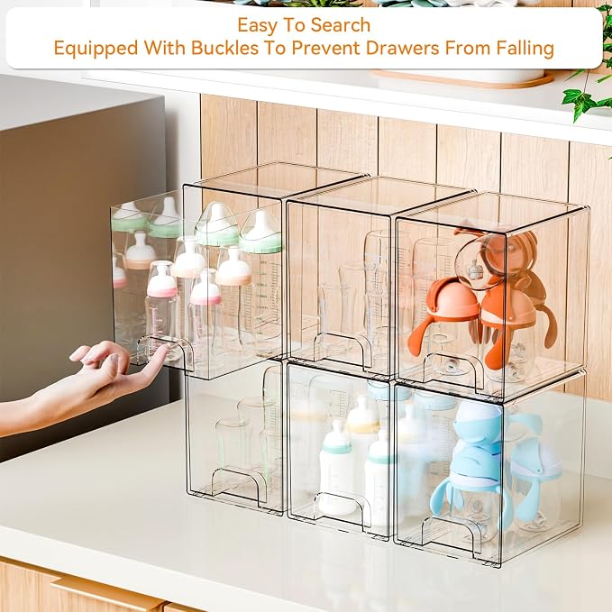 Yieach 2 Pack Clear Stackable Storage Drawers,7.6" H Baby Bottle Organizer,Acrylic Drawer Containers for Cosmetics,Skincare,Beauty Products,Cabinet,Vanity,Kitchen,Under Sink and Bathroom Storage Bins