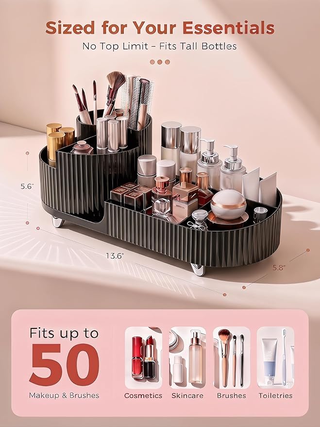 Booklov Rotating Makeup Caddy Organizer for Vanity, Large Capacity Cosmetic Display Case, Countertop Beauty Storage Holder for Skincare, Brush Eyeshadow Lipstick, Counter Desk Organization, Black