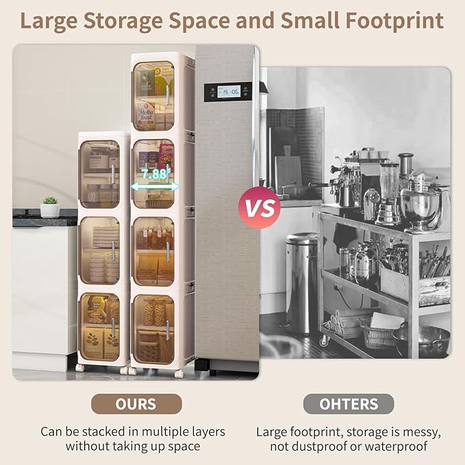 4-Tiers Slim Bathroom Storage Cabinet, Foldable Storage Cabinets,Narrow Bathroom Storage,Movable Bathroom Storage Organizer for Small Spaces,Bathroom,Kitchen,Laundry, Beige