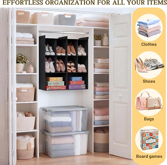 Ofiray-home 3 Tier Hanging Closet Organizer, 10 Compartments Sweater Organizer for Closet with 3 Sturdy Hooks, Closet Organizers and Storage, Wardrobe, Rv, Garment Rack, Black